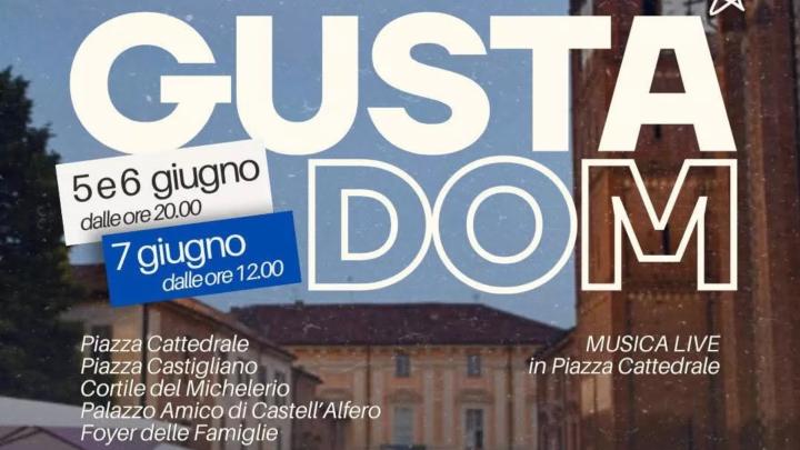 Foto con campanile della Cattedrale di asti, titolo con luoghi e date