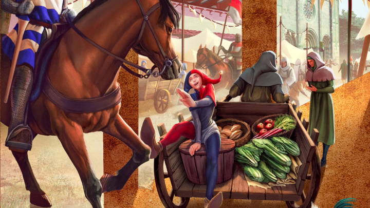 Illustrazione a colori con scena in costume medievale a Vercelli: un giullare su un carro di ortaggi, cavalieri, personaggi a piedi, sullo sfondo l'abbazia di Sant'Andrea in stile romanico-gotico